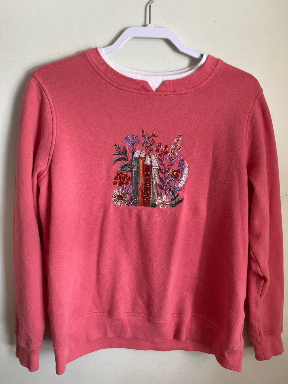 Women’s Coral Embroidered Sweatshirt - Floral Book Motif